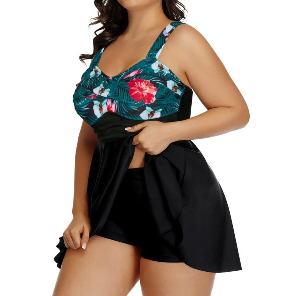 Chama Plus Size Flowy Swimdress Retro Printed Swimsuit Empire Waist Tankini - Picture 4 of 10